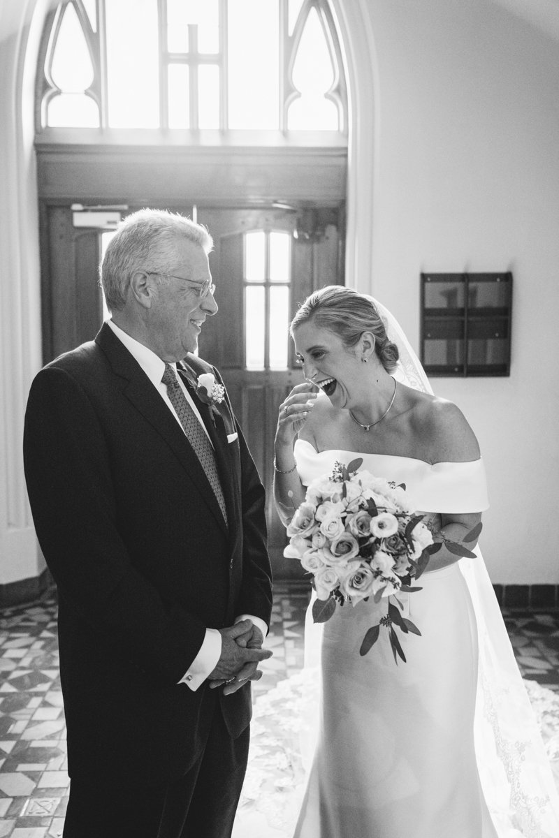 Bride laughs as her father stands next to her and smiles in the church.

New York Wedding Photography. Long Island Wedding Photography. Luxury Local Wedding Photographer. Destination Wedding Photographer.
