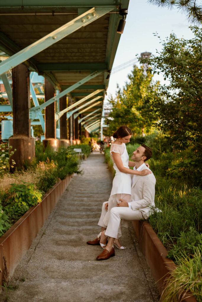 Domino Park engagement photos at sunset in Williamsburg Brooklyn photographed by Austin lifestyle photographer Kat Harris.