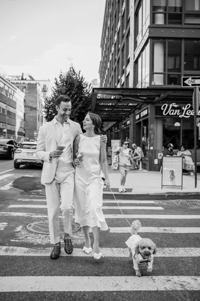 Engaged Brooklyn couple walks dog and eats ice cream from Van Leeweun in Williamsburg to celebrate their engagement photos photographed by Austin lifestyle photographer Kat Harris